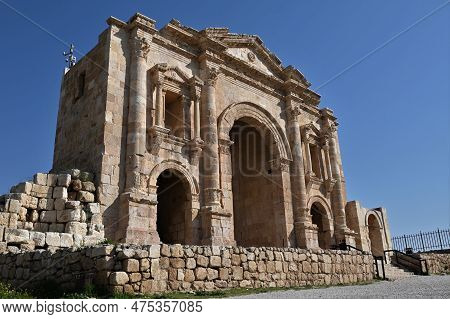A  View Of The Architectural Ruins Of The Historic Roman City Of Jerash In The Middle Eastern Countr