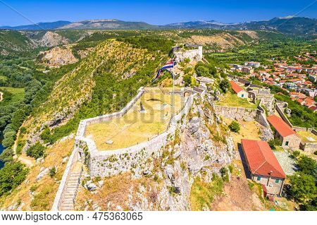 Knin Fortress Aboce Krka River Aerial View, Second Largest Fortress In Croatia