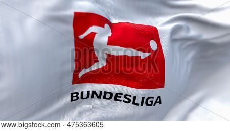 Munich, De, April 2023: Close-up Of The Bundesliga Flag Waving In The Wind. Bundesliga Is A Professi