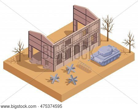 Ruined Destroyed City Building With Tank Isometric Vector Illustration