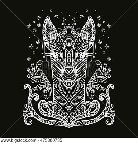 Vector Decorative Doodle Ornamental Head Of Llama. Abstract Vector Illustration Of Llama White Conto