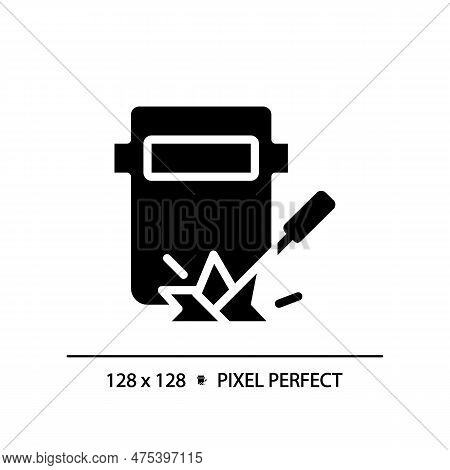 Welding Pixel Perfect Black Glyph Icon. Railway Track Maintenance. Railcar Repair. Manufacturing Eng