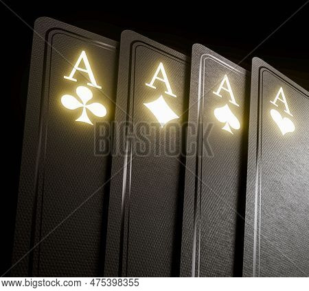 A Fanned Out Suit Of Four Black Casino Aces Cards With Glowing Gold Markings On A Dark Background - 