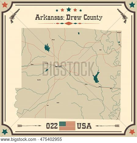 Large And Accurate Map Of Drew County, Arkansas, Usa With Vintage Colors.