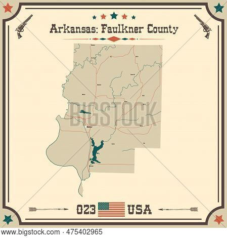 Large And Accurate Map Of Faulkner County, Arkansas, Usa With Vintage Colors.