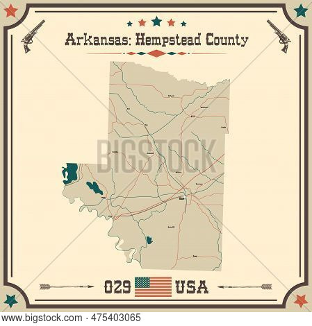 Large And Accurate Map Of Hempstead County, Arkansas, Usa With Vintage Colors.