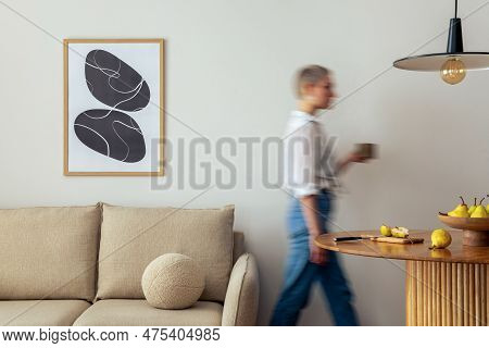 Interior Design Of Aesthetic And Elegant Room With Woman In Dress, Mock Up Poster Frame, Round Table