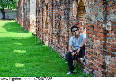 Thai Men Photographer Travelers People Travel Visit And Use Digital Camera Shooting Ancient Ruins Bu