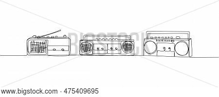 Record Player, Tape Recorder Set One Line Art. Continuous Line Drawing Of Tape, Retro, Cassette, Vin