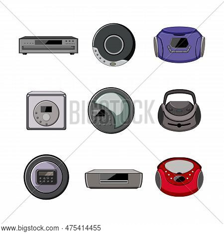 Cd Player Set Cartoon. Audio Sound, Retro Stereo, Entertainment Play, Modern Record Cd Player Sign. 