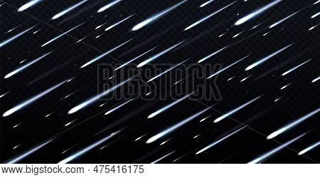 Realistic Blue Light Effect Of Meteor Rain In Sky. Glowing Comets With Flame Trails Isolated On Tran