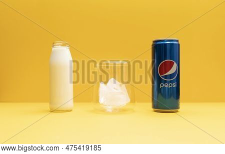 Pilk, Trendy Pepsi Milk Drink. Combining Soda And Dairy Beverages. Bottle Of Milk And Pepsi, Glass C