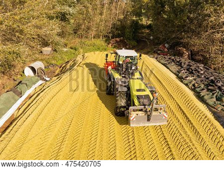 Hamburg, Germany - October 11, 2022: Tractor Claas Xerion 5000 Trac Vc During The Maize Harvest