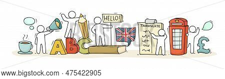 Sketch Of English Class With Working Little People. Doodle Cute Miniature Of Teamwork And British Sy