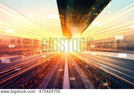 Digital Data Flow On Road With Motion Blur To Create Vision Of Fast Speed Transfer . Concept Of Futu