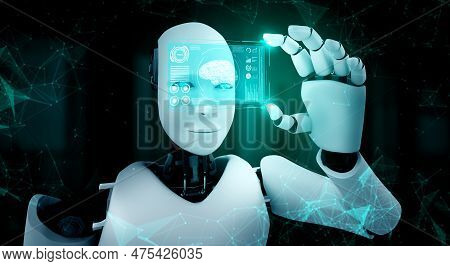 Robot Humanoid Hold Hud Hologram Screen In Concept Of Ai Thinking Brain, Artificial Intelligence And