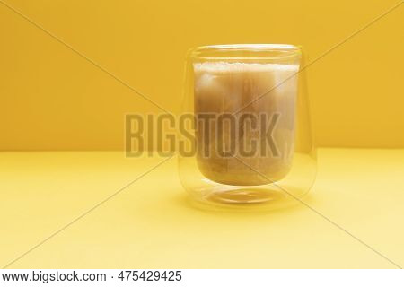 Closeup Drinking Glass With Pilk, Trendy Dirty Soda Drink. Combination Of Soda, Dairy Beverages, Ice