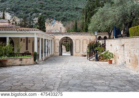 Susuz, Cyprus - March 27, 2023 - Inner Court And Garden Of The Saint Neophytos Monastery