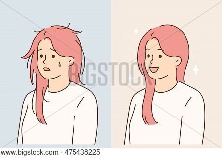 Woman Before And After Using Quality Cosmetic Hair Shampoo Or Going To Hairdresser. Shaggy Girl Beca