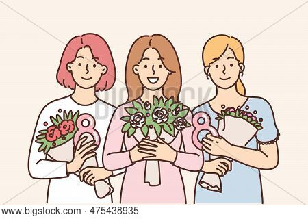 Female With Bouquets Of Flowers Presented In Honor Of International Womens Day And Number Eight In H