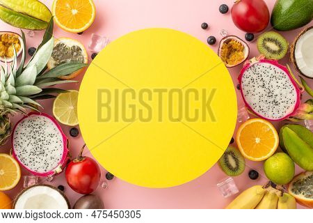 Tropical Fruit Delight Concept. Top View Photo Of Lot Of Exotik Fruit Like Dragon Fruit Ananas Orang