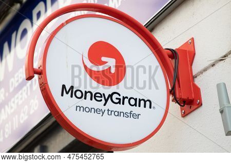 Lyon , Aura France - 04 24 2023 : Moneygram Brand Money Transfer Sign Text And Logo Front Entrance F