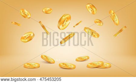 Crypto Coin Realistic Composition With Gradient Background And Flying Single Golden Coins With Engra