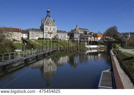 View Of The River Somme And Long Town Hall In The Village Of Long, In The Somme Department, Near Abb