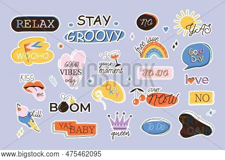 Colorful Retro Cartoon Label Shape Set. Collection Of Bright Motivational Retro Stickers. Luttering.