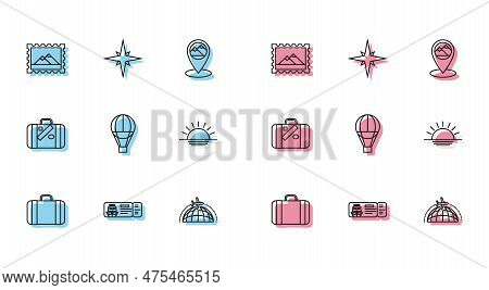 Set Line Suitcase For Travel, Cruise Ticket Traveling By Ship, Postal Stamp And Mountains, Globe Wit