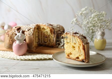 Delicious Italian Easter Dove Cake (traditional Colomba Di Pasqua) And Festive Decor On White Wooden