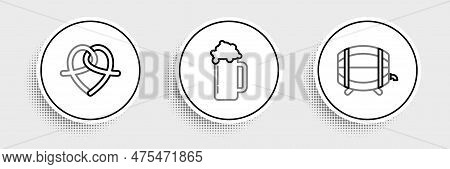 Set Line Wooden Barrel On Rack With Stopcock, Pretzel And Glass Of Beer Icon. Vector