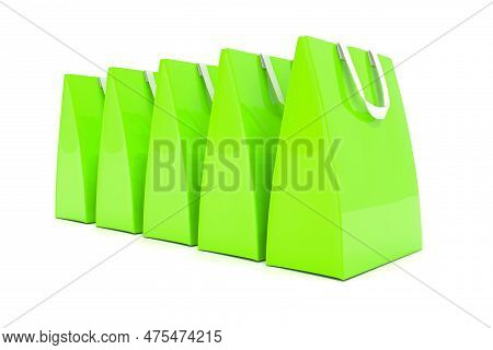 3d Render - Five Green Shopping Bags Over White Background.