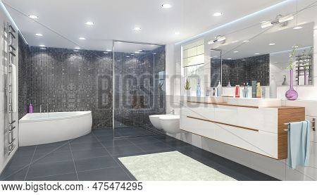 3d Render Of A Modern Bathroom With A Whirlpool, A Large Shower, Two Washbasins, A Large Mirror, A B