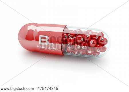 3d Rendering Of A Vitamin Capsule With Vitamin B9 - Folic Acid Over White Background. - Dietary Supp