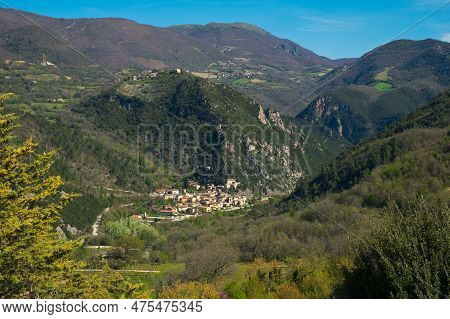Beautiful Panorama From Vallo Di Nera Medieval Village In Valnerina, Umbria Region, Italy