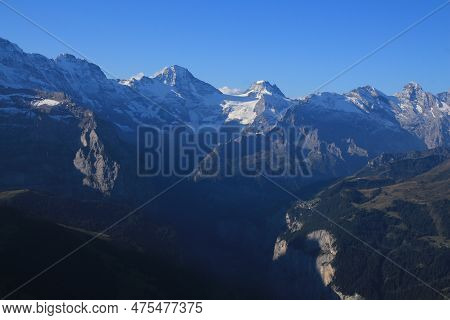 Village Muerren And High Mountains Seen From Maennlichen..