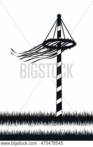 Maypole With Ribbons On Meadow Silhouette On White