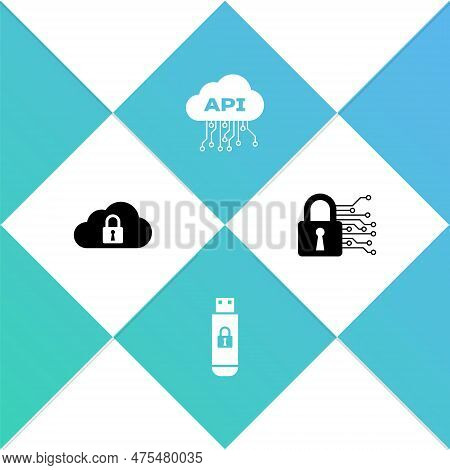 Set Cloud Computing Lock, Usb Flash Drive With, Api Interface And Cyber Security Icon. Vector
