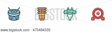 Set Drum And Drum Sticks, Paper Glass, Sausage On The Fork And Medal With Star Icon. Vector