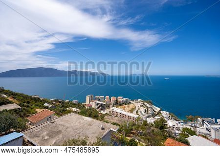 Attractive Spring Cityscape Of Vlore City From Kanines Fortress. Captivating Morning Sescape Of Adri