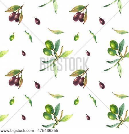 Watercolor Seamless Pattern Of Green And Black Olive Branches On A White Background