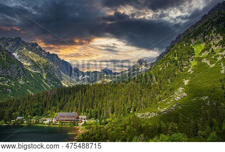 Picturesque Panoramic View Of Popradske Pleso, Tatra Mountains, Slovakia. Lake Popradske Pleso With 