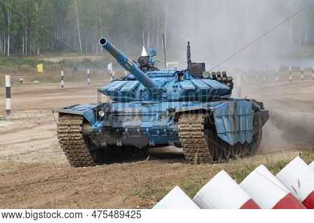Moscow Region, Russia - August 19, 2022: T-72b3 Tank In Blue Coloration On The Tank Biathlon Track. 