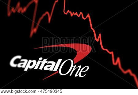 New York, Us, April 2023: Capital One Bank Logo On A Stock Market Performance Chart Trends. Capital 