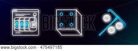 Set Line Stick For Chips, Online Slot Machine And Game Dice Icon. Glowing Neon. Vector