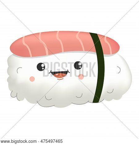 Cute Sushi In Kawaii Style With Smiling Face.japanese Roll.vector 3d For T-shirt Print, Sticker, Gre