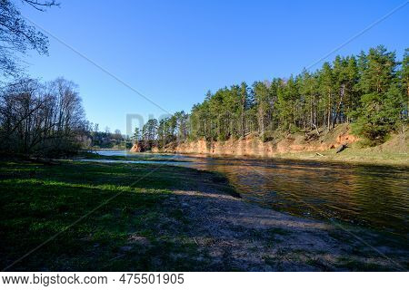The Red Banks Of Sandstone. Salaca River, Red Cliffs, Latvia