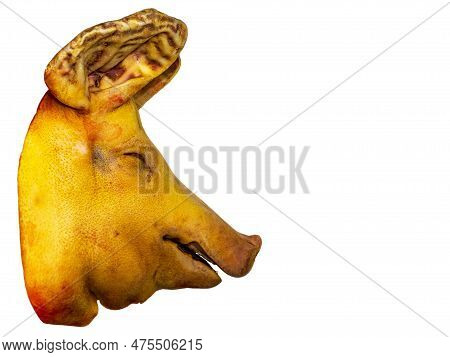 Pig Meat Head On A White Background. Pork Snout. Pork Nickle. Butcher. Showcase Of A Butcher Shop. F