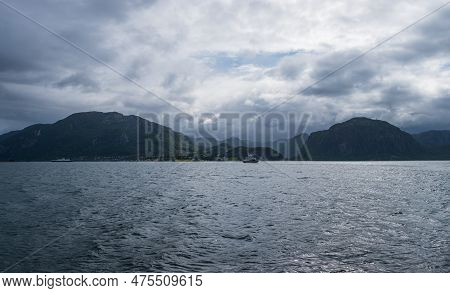 Sunny Norwegian Landscape. View Of The Route Of The Lauvvik - Oanes Ferry In Norway. July 2019